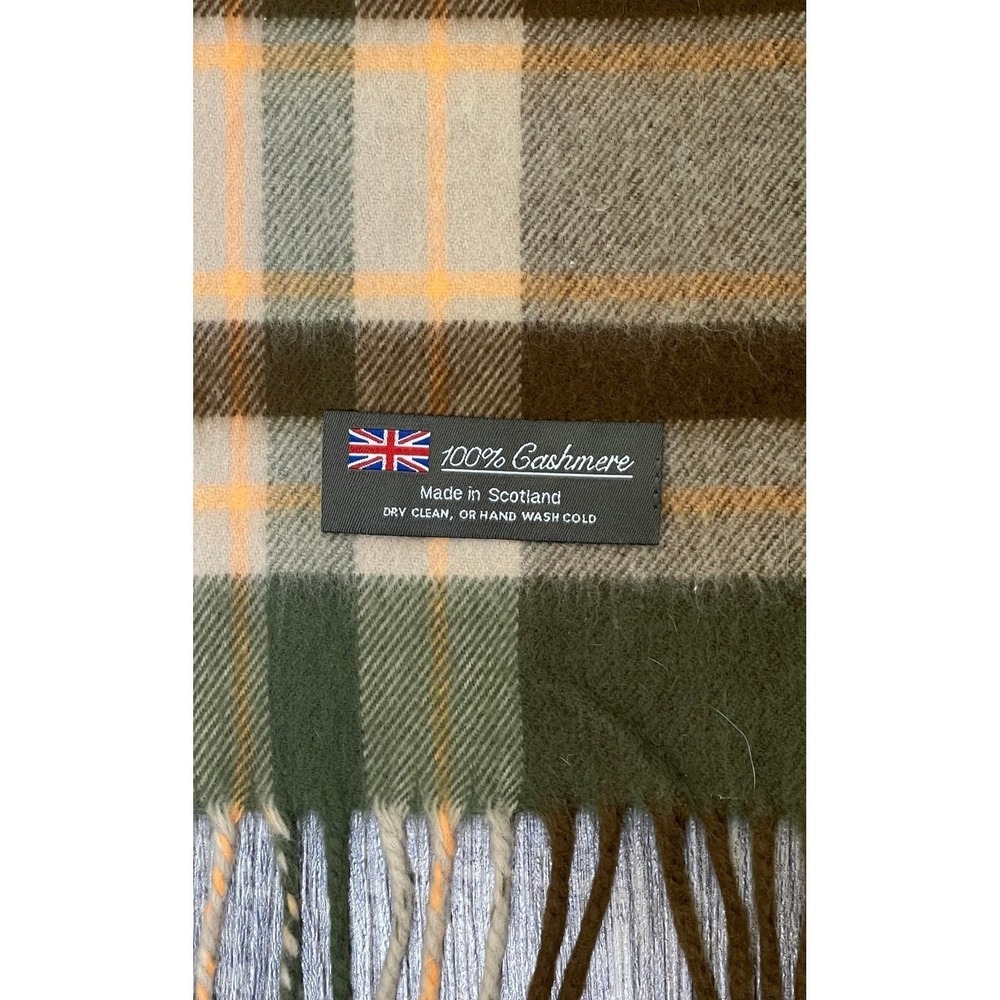 100% Cashmere Plaid Scarf Olive Green Brown Fringe Trim Cozy Luxe Old Money - Picture 3 of 5